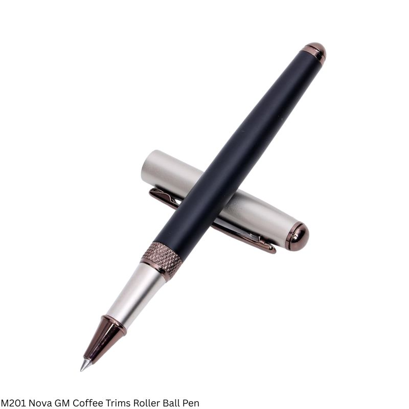 Pen M201 Nova Luxury Roller Ball Pen – Matte Black Metal Body with Steel Colour Cap & Glossy Copper Clip