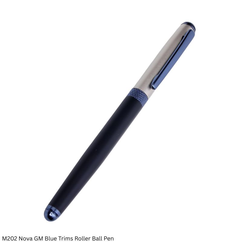 Pen M202 Nova Electric Blue Roller Ball Pen – Metal Body with Steel Colour Cap and Glossy Blue Clip