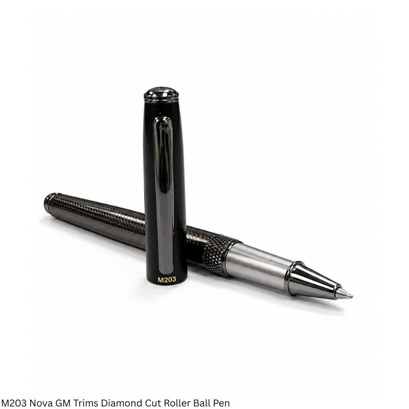 Pen M203 Nova Luxury Roller Ball Pen – Matte Black Cap with Glossy Gunmetal Clip & Diamond-Cut Finish Barrel