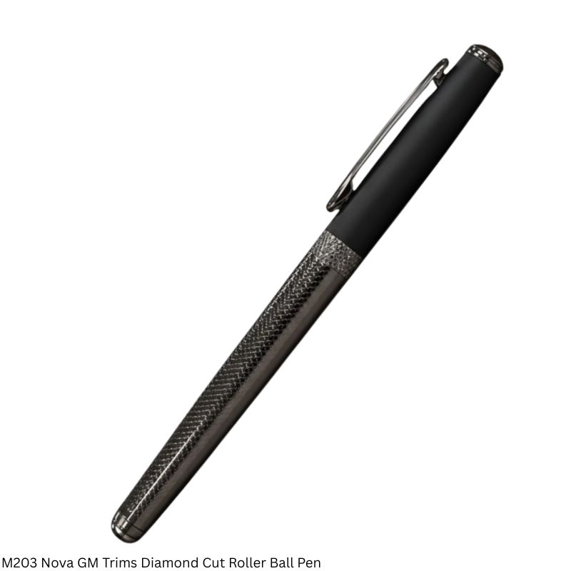 Pen M203 Nova Luxury Roller Ball Pen – Matte Black Cap with Glossy Gunmetal Clip & Diamond-Cut Finish Barrel