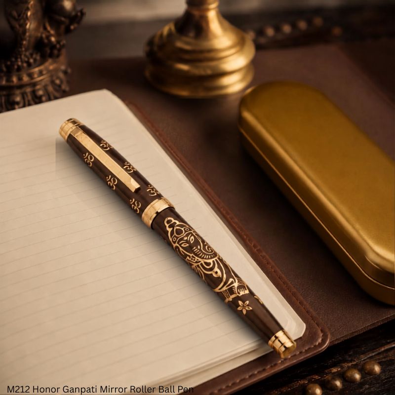 Pen M212 Divine Series Premium Spiritual Roller Ball Pen with Gift Box – Metal Body with Gold-Engraved Ganesha & Om Design