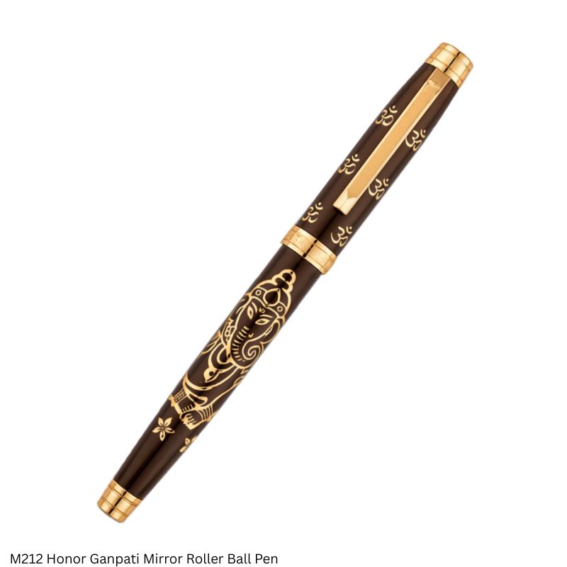 Pen M212 Divine Series Premium Spiritual Roller Ball Pen with Gift Box – Metal Body with Gold-Engraved Ganesha & Om Design