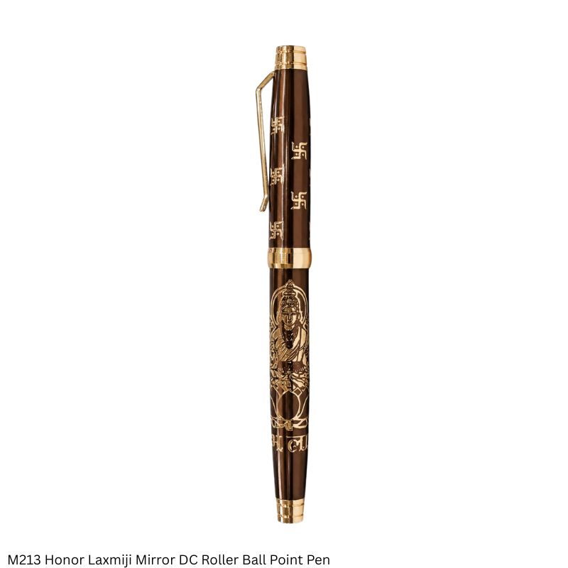 Pen M213 Divine Series Premium Spiritual Roller Ball Pen with Gift Box – Metal Body with Gold-Engraved Laxmiji & Om Design