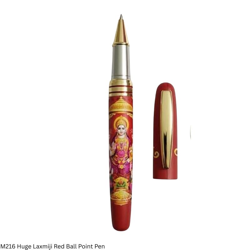 M216 Divine Series Premium Spiritual Ball Pen – Red Metal Body with Lakshmiji, Lord Ganesha & Maa Saraswatiji Prints, Gold Clip and Gift Box