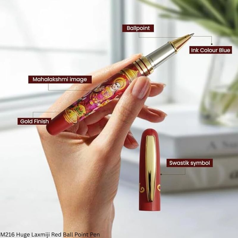 M216 Divine Series Premium Spiritual Ball Pen – Red Metal Body with Lakshmiji, Lord Ganesha & Maa Saraswatiji Prints, Gold Clip and Gift Box