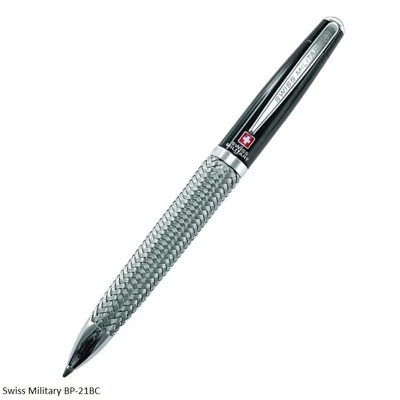 Swiss Military BP-21BC Ballpoint Pen – Glossy Black & Woven Stainless Steel Grip