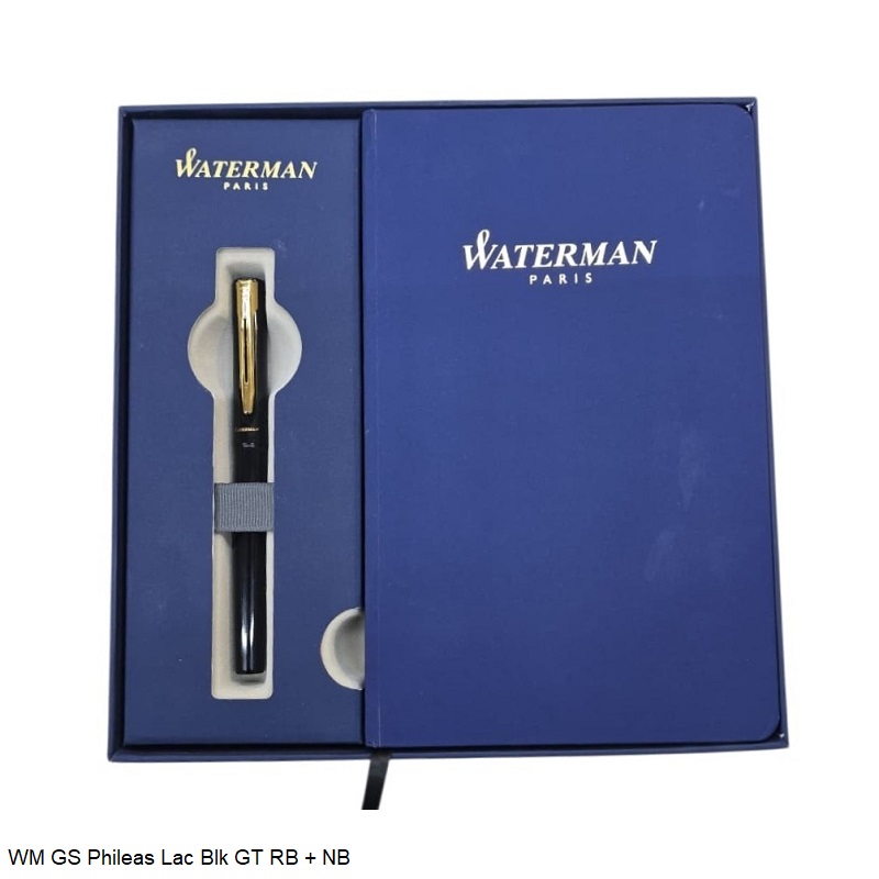Waterman Phileas Lacquer Black Rollerball Pen – Golden Trim, Fine Point, Black Ink with A5 Notebook Gift Set