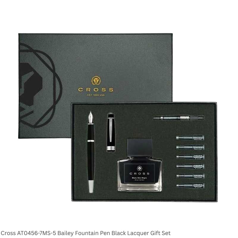 Cross AT0456-7MS-5 Bailey Black Lacquer Fountain Pen Gift Set with 62.5ml Black Ink Bottle, Converter & 6 Black Ink Cartridges