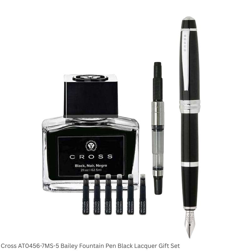 Cross AT0456-7MS-5 Bailey Black Lacquer Fountain Pen Gift Set with 62.5ml Black Ink Bottle, Converter & 6 Black Ink Cartridges